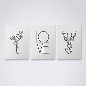 Trio Quadro Canvas Love Animais