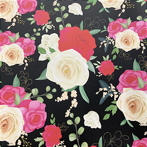 Sintético Emborrachado Floral Fundo Preto 50cm