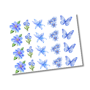 DTF UV Tamanho A5 (21x15cm) - Floral Azul Pastel