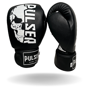 LUVA 16 OZ PU PRETA CAVEIRA BRANCA  | ADOMA