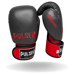 LUVA 12 OZ PRO COURO CINZA PULSER BORDADO VERMELHO