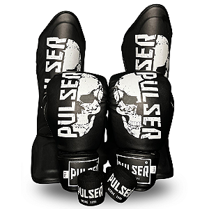 KIT MUAY THAI CAVEIRA COMPLETO | LUVA 14oz + CANELEIRA M + ATADURA 4 METROS PULSER