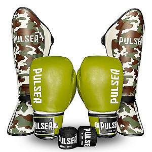 KIT MUAY THAI CAMUFLADO | LUVA 14oz + CANELEIRA G + ATADURA 4 METROS PULSER