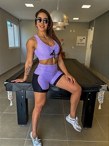 CJSH34020 - Conj. Short e Top Poliamida Brocado Empina BumBum Lilás/Preto com bolso