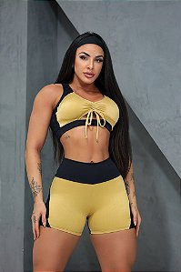 CJSH36005 - Conj. Short e Top Amarelo e Preto Poliamida Suplex com Tule