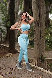 CJ37003 - Conj Calça e Top Poliamida Canelado Azul Candy com ajuste no cós