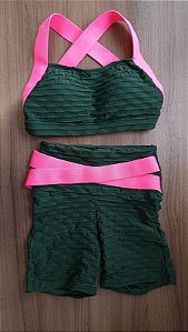 CJSH42001 - Conj. Short e Top Verde Poliamida Brocado