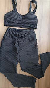CJ42001 - Conj. Calça e Top Preto Poliamida Brocado