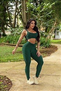 CJ44005 - Verde Militar - Conj. Calça e Top Poliamida Brocado Levanta BumBum