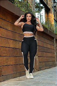 CJ46014 - Conj. Calça e Top Poliamida Suplex Brocado com Bolso - Preto e Bege
