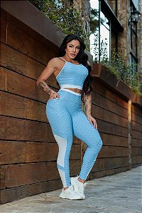 CJ46015 - Conj. Calça e Top Poliamida Suplex Brocado com Bolso - Azul e Branco
