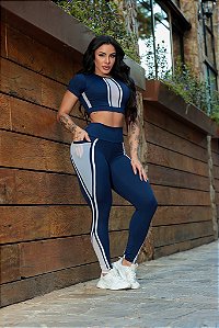 CJ46017 - Conj. Calça e Top Poliamida Suplex com Bolso e Tule - Marinho e Branco