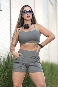 CJSH46002 - Conj. Short e Top Poliamida Canelado com Bolso - Mescla