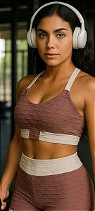 CJSH48004 - Conjunto de Shorts e Top Poliamida Brocado Marrom com Bege