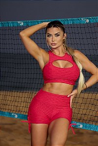 CJSH51001 - Conj. Short e Top Poliamida Brocado com ajuste lateral - Vermelho