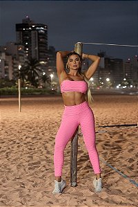 CJ51001 - Conj. Calça e Top Faixa Poliamida Brocado - Rosa