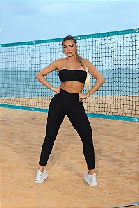 CJ51004 - Conj. Calça e Top Faixa Poliamida Brocado - Preto