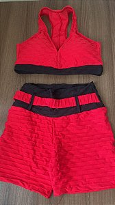 CJSH53006 - CONJUNTO SHORTS E TOP BROCADO PRETO COM VERMELHO