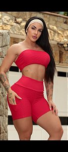 CJSH55002 - Conjunto Shorts e Top Canelado Poliamida Vermelho