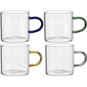 Jogo Xícara 4 Peças Alça Multicolor Vidro Tranparente 100ml