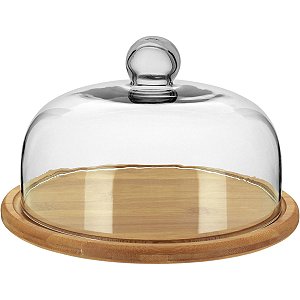Prato Para Bolo Tampa De Vidro Bambu 15X26X26Cm Natural Luxo