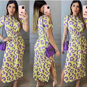 Vestido Midi com Fenda Lateral Animal Print