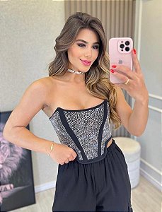 cropped corselet feminino com strass e barbatana