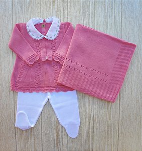 Vestido de Tricô com Gola Menina 3 peças - Saída de Maternidade