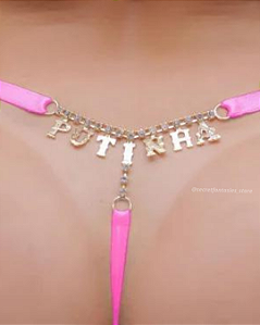 Calcinha Fio Dental Rosa Neon Renda Frases com Strass