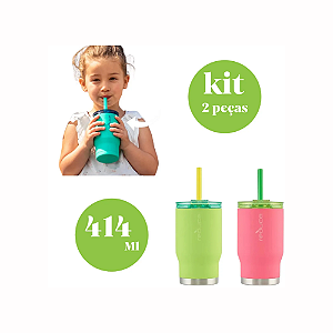 Kit Copo Térmico Reduce 414ml Tampa 3 Em 1 Verde E Rosa Copo