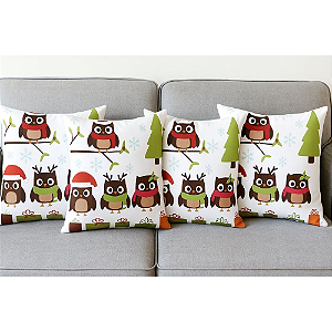 Jogo de Capas para Almofada Corujas Natalinas Ziper 43cm x 43 cm c/ 4 Pçs-Loreto