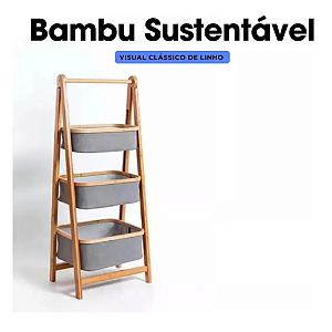 Jogo De 3 Cestos Organizadores Em Bambu Com Tecido Dobrável Marrom-claro-Loreto