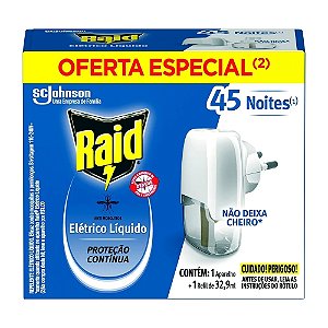 Repelente Eletrico Líquido Raid 45 Noites 1 Aparelho e 1 Refil de 32,9ml