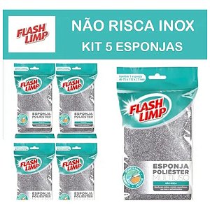 Kit 5 Esponjas Poliéster Multiuso Não Risca Inox Flash Limp Prata