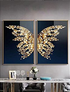 Conjunto 2 Telas Decorativas Borboleta Dourada em Canvas – Horizontal