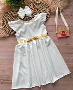 Vestido Social Branco com Dourado + Laço de Cabelo Tam.5-6 Anos