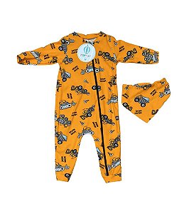 Macacão com Zíper Trator Laranja + Bandana Tam.1