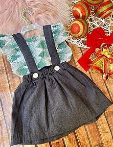 Jardineira Jeans com Verde Tam.1-2 Anos