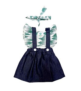 Jardineira Jeans Detalhes Verde Tam.1-2 Anos
