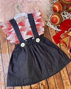 Jardineira Jeans com Vermelho Tam.1-2 Anos