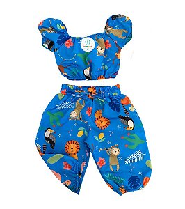 Conjunto Blogueirinha Animais Safari Azul Tam.6