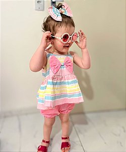 Conjunto Batinha Listrado com Shorts + Laço de Cabelo Tam.1-2 anos