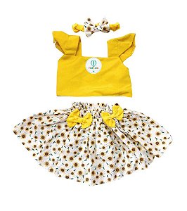 Conjunto Blogueirinha Girassol com Saia + Faixa Cabelo Tam.RN-P