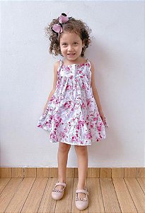 Vestido Blogueirinha Estampa com Rosas + Laço de Cabelo Tam.2-3 Anos