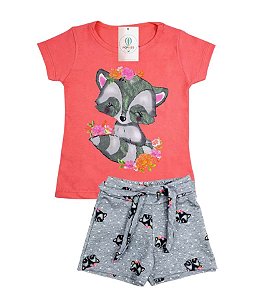 Conjunto Infantil Feminino Guaxinim Flores Salmão Tam.4