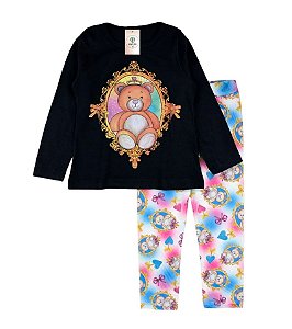 Conjunto Infantil Feminino Meia Estacao Ursinha Coroa Preto Tam.2