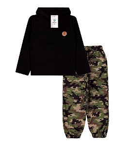 Conjunto Infantil Meia Estacao Masculino C/Capuz Basico Aplique Preto Tam.6