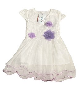 Vestido Branco com Tule e Flores Tam.4