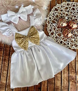 Vestido Social Branco com Laço Dourado Tam.G 6-12m