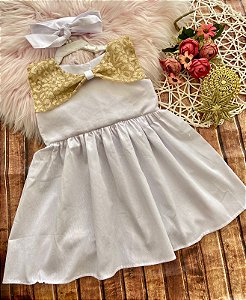 Vestido Social Branco com Laço Dourado Tam.G